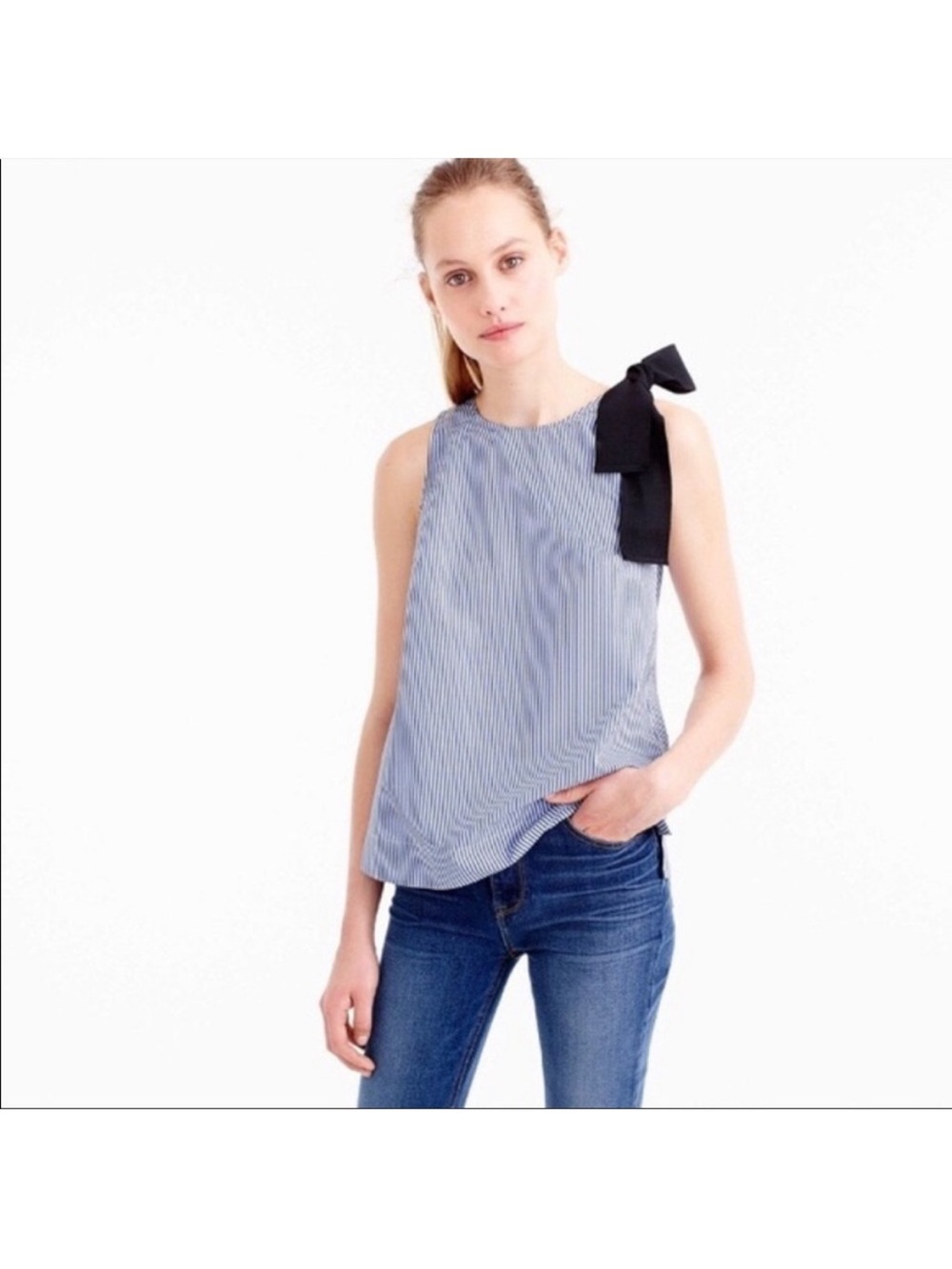 J.Crew Bow Shoulder Grosgrain Ribbon Striped Poplin Tank Top, Navy/White